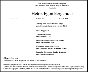 Traueranzeige von Heinz-Egon Bergander von Siegener Zeitung