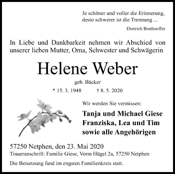 Traueranzeige von Helene Weber von Siegener Zeitung