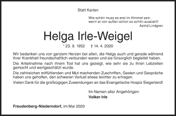 Traueranzeige von Helga Irle-Weigel von Siegener Zeitung