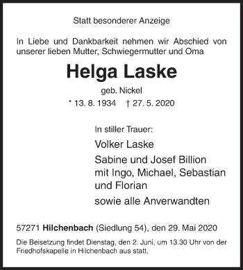 Traueranzeige von Helga Laske von Siegener Zeitung