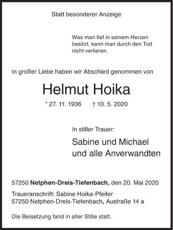Traueranzeige von Helmut Hoika von Siegener Zeitung