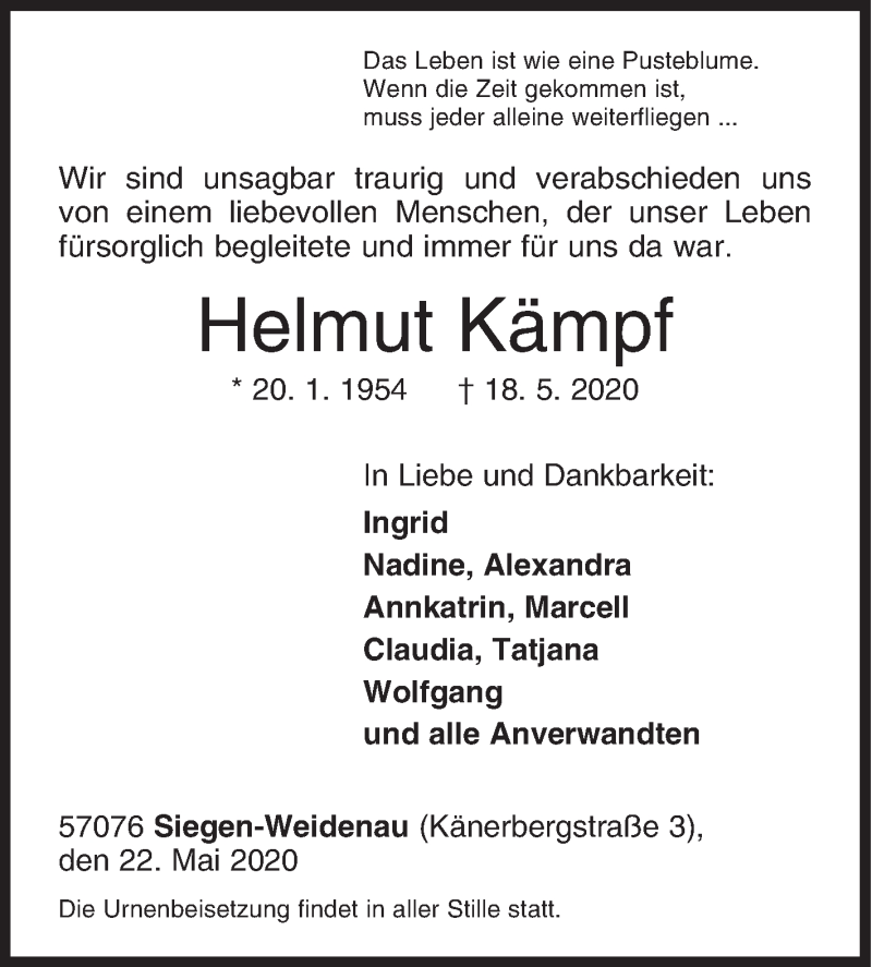  Traueranzeige für Helmut Kämpf vom 22.05.2020 aus Siegener Zeitung