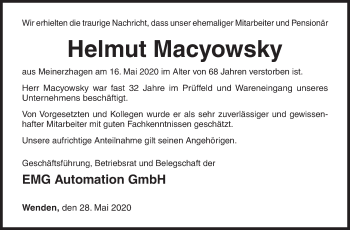 Traueranzeige von Helmut Macyowsky von Siegener Zeitung