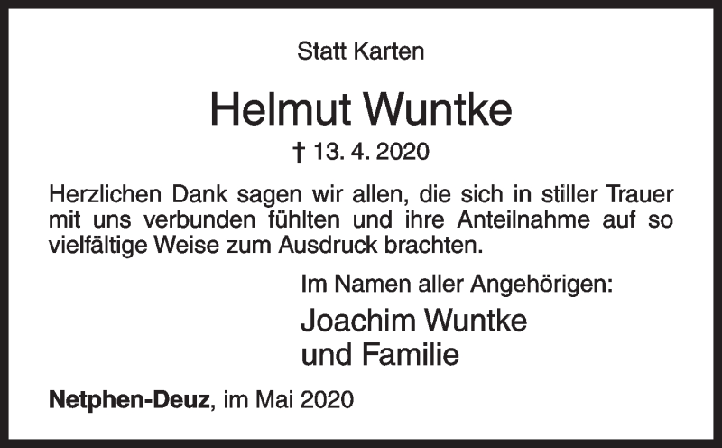  Traueranzeige für Helmut Wuntke vom 30.05.2020 aus Siegener Zeitung