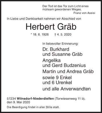 Traueranzeige von Herbert Gräb von Siegener Zeitung