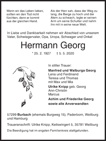 Traueranzeige von Hermann Georg von Siegener Zeitung