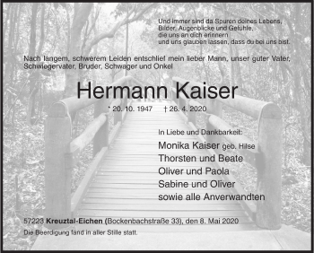 Traueranzeige von Hermann Kaiser von Siegener Zeitung