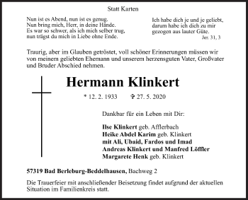 Traueranzeige von Hermann Klinkert von Siegener Zeitung