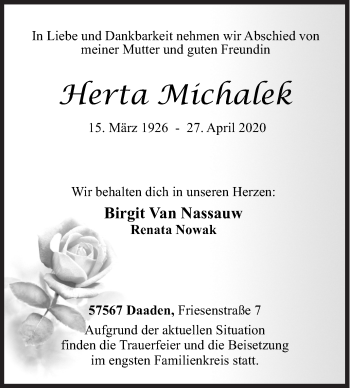Traueranzeige von Herta Michalek von Siegener Zeitung