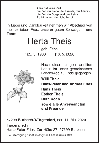 Traueranzeige von Herta Theis von Siegener Zeitung