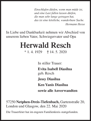 Traueranzeige von Herwald Resch von Siegener Zeitung