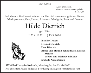 Traueranzeige von Hilde Dietrich von Siegener Zeitung