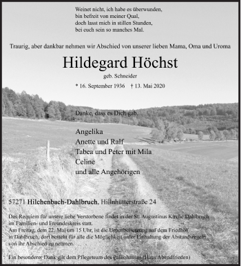 Traueranzeige von Hildegard Höchst von Siegener Zeitung