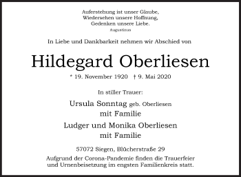 Traueranzeige von Hildegard Oberliesen von Siegener Zeitung