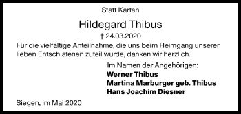 Traueranzeige von Hildegard Thibus von Siegener Zeitung