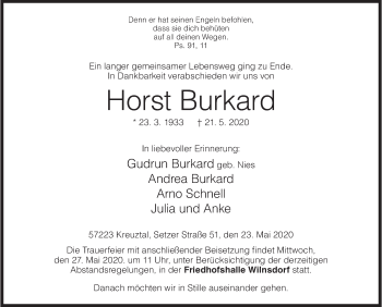 Traueranzeige von Horst Burkard von Siegener Zeitung