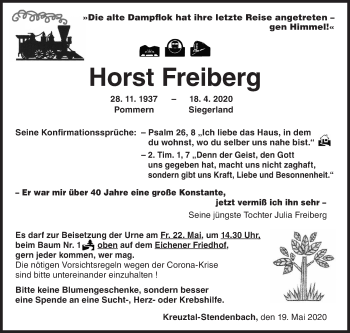 Traueranzeige von Horst Freiberg von Siegener Zeitung