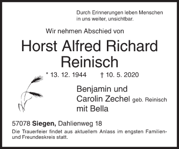 Traueranzeige von Horst Alfred Richard Reinisch von Siegener Zeitung