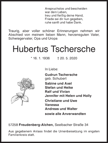 Traueranzeige von Hubertus Tschersche von Siegener Zeitung