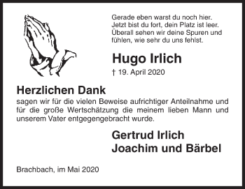 Traueranzeige von Hugo Irlich von Siegener Zeitung