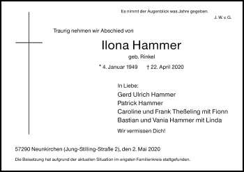 Traueranzeige von Ilona Hammer von Siegener Zeitung