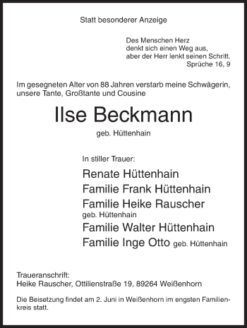 Traueranzeige von Ilse Beckmann von Siegener Zeitung