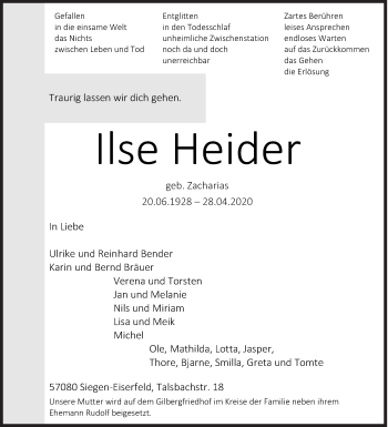 Traueranzeige von Ilse Heider von Siegener Zeitung