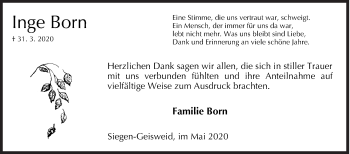 Traueranzeige von Inge Born von Siegener Zeitung