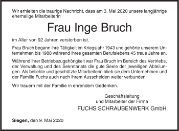 Traueranzeige von Inge Bruch von Siegener Zeitung
