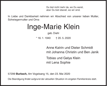 Traueranzeige von Inge-Marie Klein von Siegener Zeitung