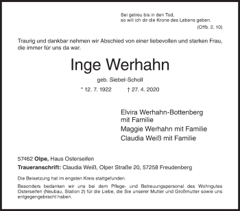 Traueranzeige von Inge Werhahn von Siegener Zeitung