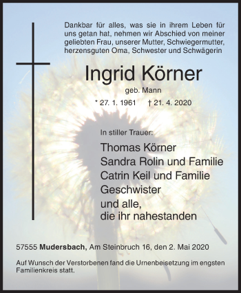 Traueranzeige von Ingrid Körner von Siegener Zeitung