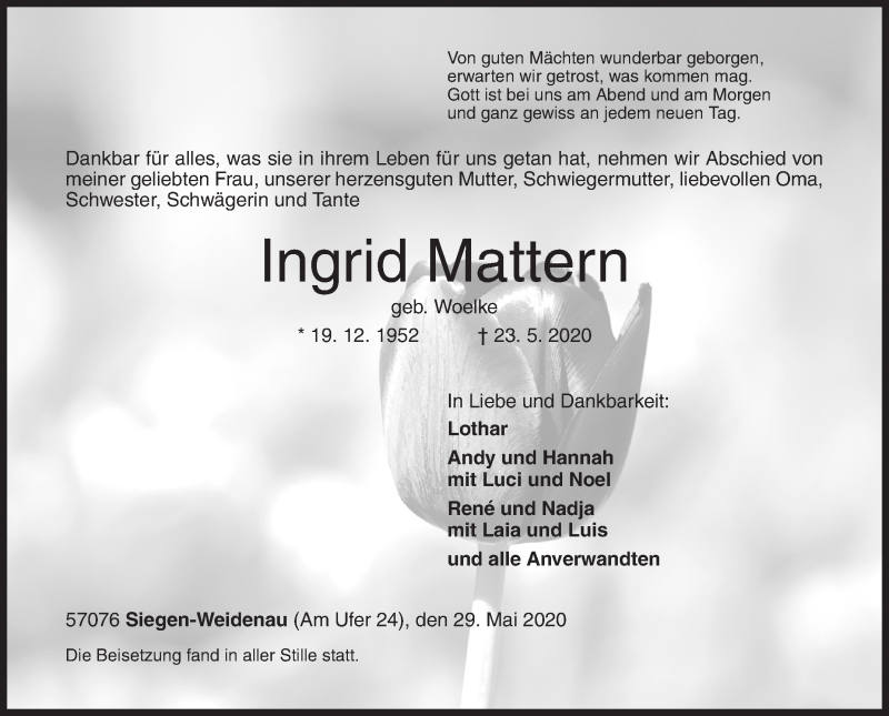  Traueranzeige für Ingrid Mattern vom 29.05.2020 aus Siegener Zeitung