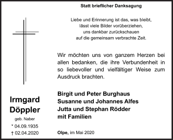 Traueranzeige von Irmgard Döppler von Siegener Zeitung
