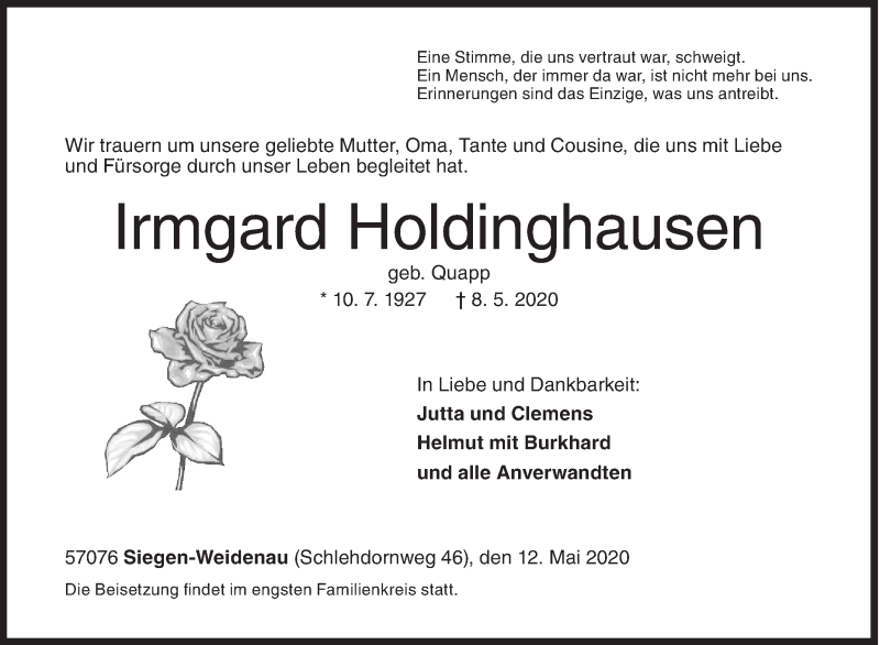  Traueranzeige für Irmgard Holdinghausen vom 12.05.2020 aus Siegener Zeitung