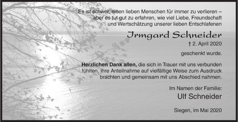  Traueranzeige für Irmgard Schneider vom 09.05.2020 aus Siegener Zeitung