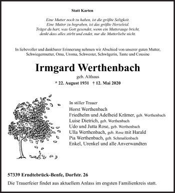 Traueranzeige von Irmgard Werthenbach von Siegener Zeitung