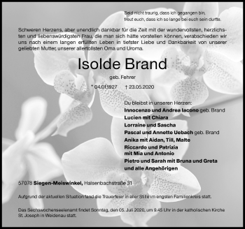 Traueranzeige von Isolde Brand von Siegener Zeitung