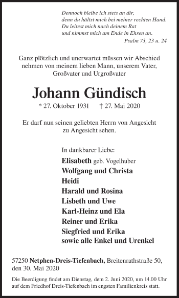 Traueranzeige von Johann Gündisch von Siegener Zeitung