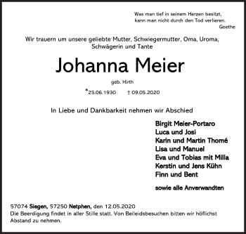 Traueranzeige von Johanna Meier von Siegener Zeitung