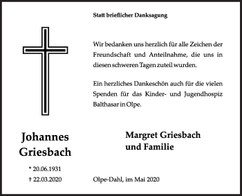 Traueranzeige von Johannes Griesbach von Siegener Zeitung