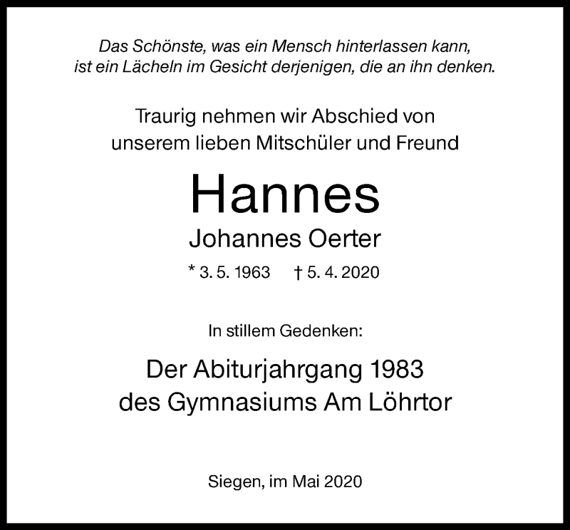  Traueranzeige für Johannes Oerter vom 02.05.2020 aus Siegener Zeitung