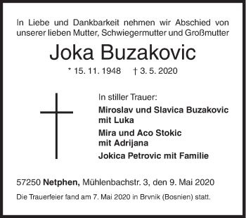 Traueranzeige von Joka Buzakovic von Siegener Zeitung