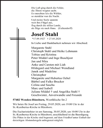 Traueranzeige von Josef Stahl von Siegener Zeitung