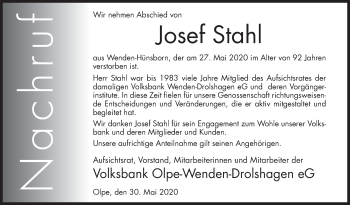 Traueranzeige von Josef Stahl von Siegener Zeitung