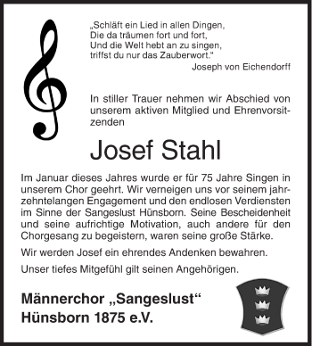 Traueranzeige von Josef Stahl von Siegener Zeitung