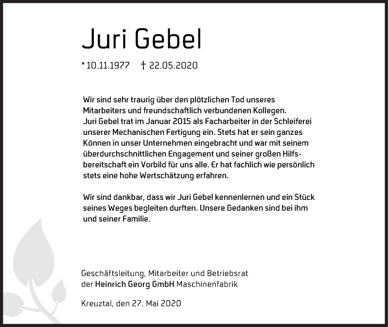  Traueranzeige für Juri Gebel vom 27.05.2020 aus Siegener Zeitung