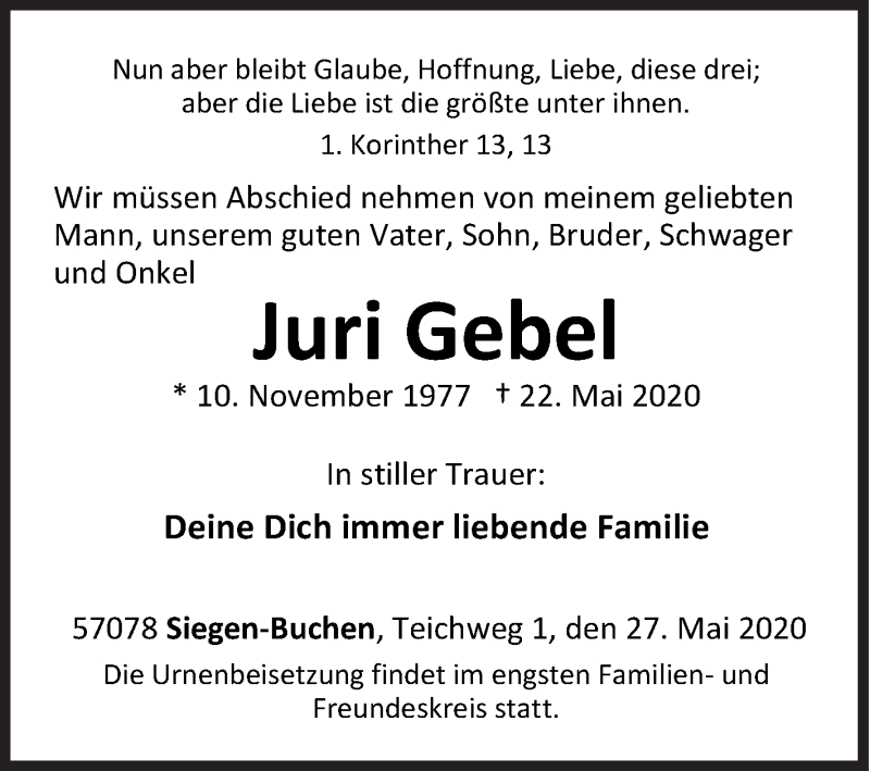  Traueranzeige für Juri Gebel vom 27.05.2020 aus Siegener Zeitung