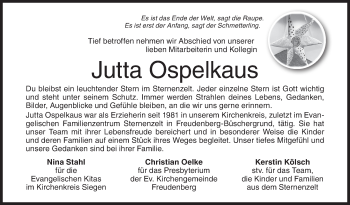 Traueranzeige von Jutta Ospelkaus von Siegener Zeitung
