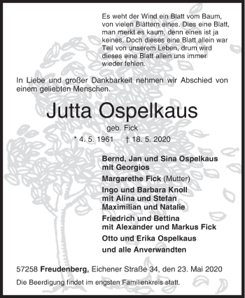 Traueranzeige von Jutta Ospelkaus von Siegener Zeitung